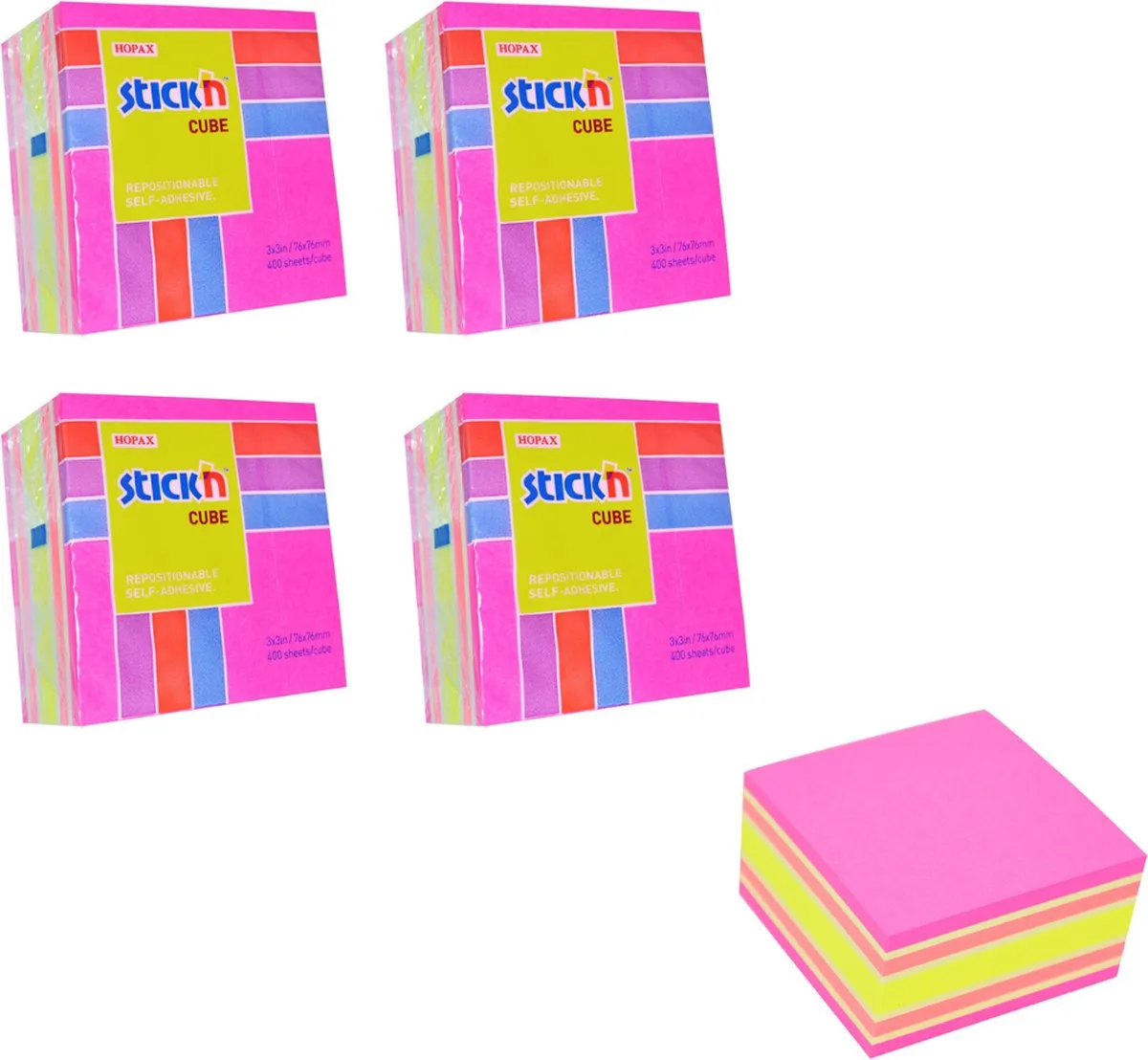 Kubus sticky notes - 4 pack - 76x76mm, neon/pastel mix 1600 memoblaadjes de Stick'n en Rose – photo produit