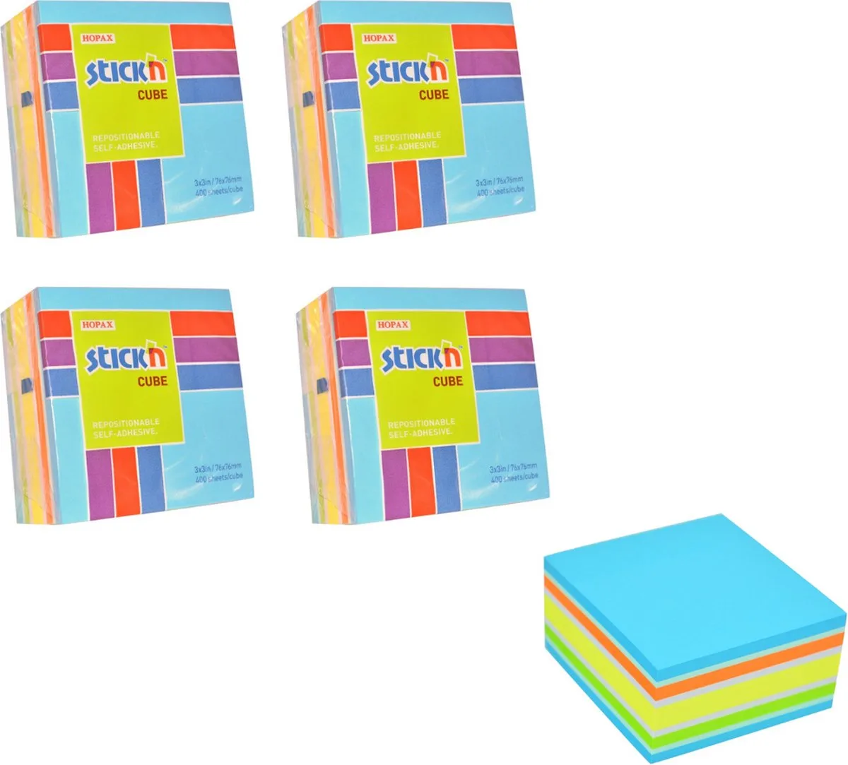 Kubus sticky notes - 4 pack - 76x76mm, neon/pastel mix 1600 memoblaadjes van Stick'n in Blauw – productfoto