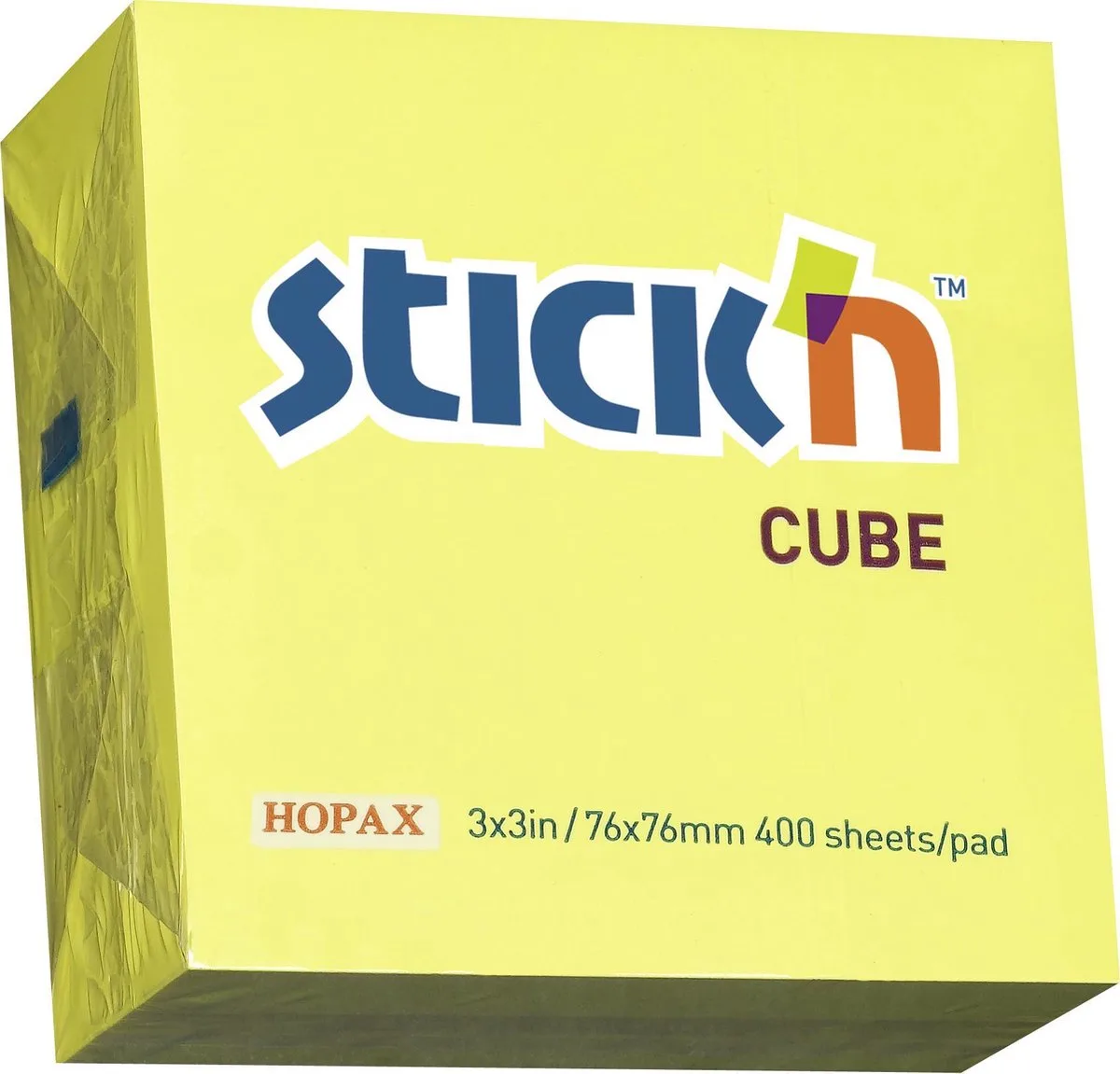 Kubus sticky notes - 76x76mm - memoblok 400 memoblaadjes van Stick'n in Neon Geel – productfoto