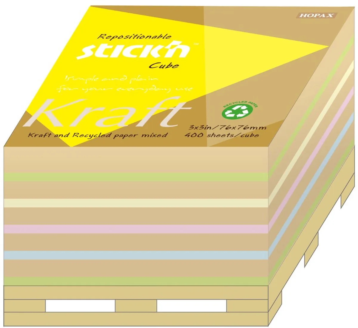 Kubus - Sticky Notes - Kraft - 76 x 76 mm - Miniatuur Pallet - 400 Memoblaadjes - Verschillende Kleuren de Stick'n en Gemengd – photo produit