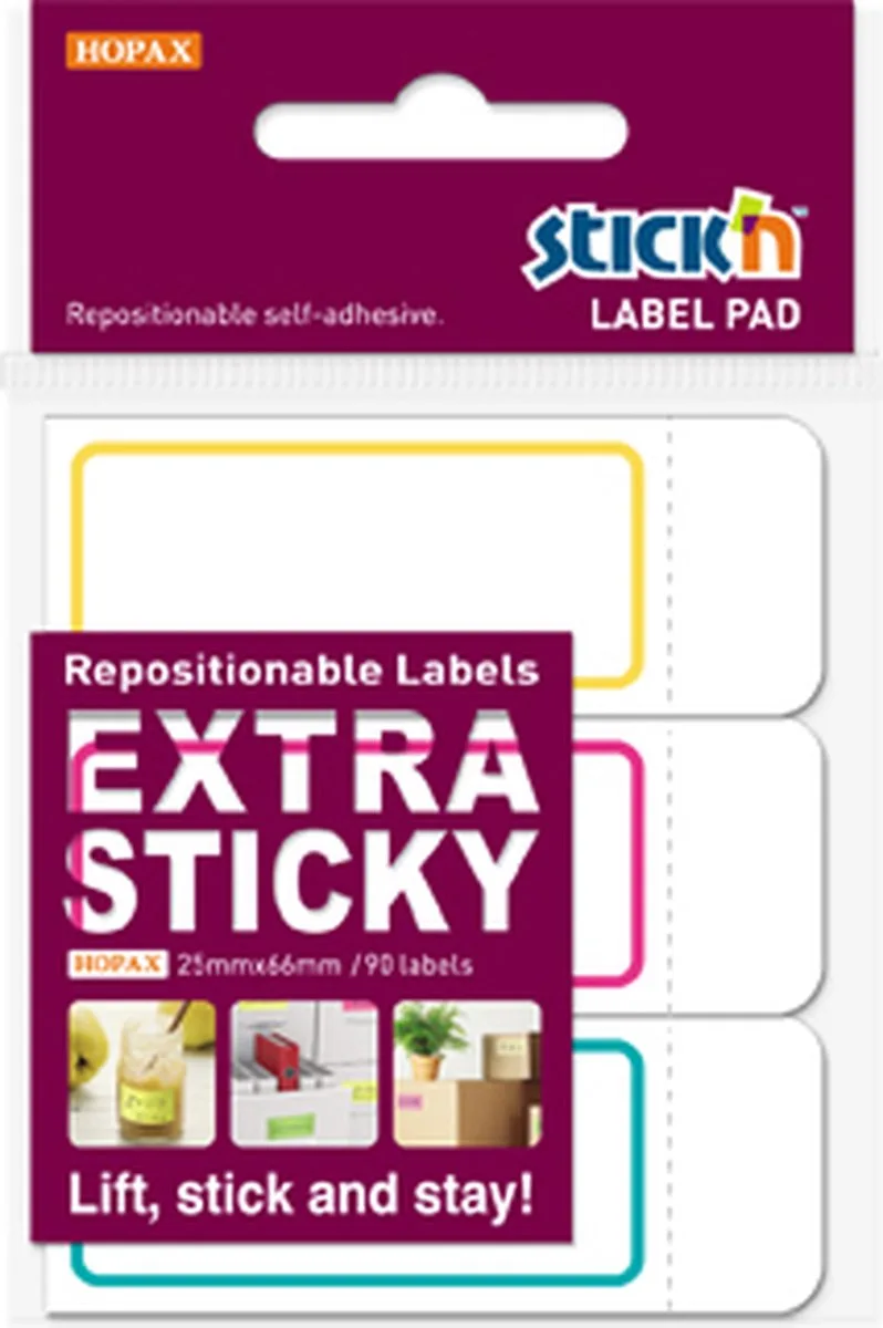 Label etiket - 25x66mm, extra sticky, met rand, 3x30 sticky notes 56466 van Stick'n in Wit – productfoto