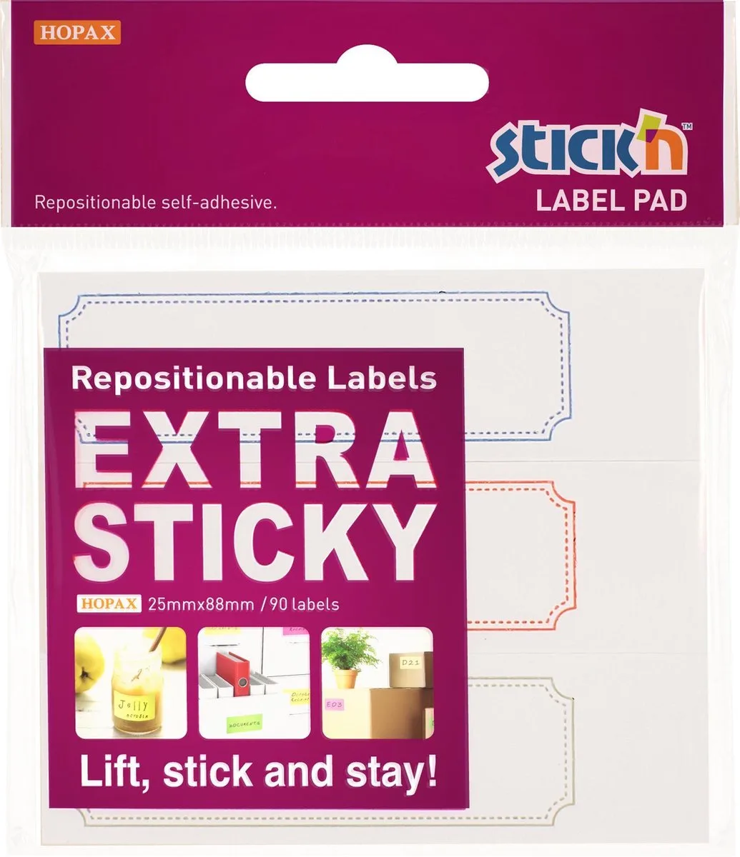 Label etiket - 25x88mm, extra sticky, met rand, 3x30 sticky notes van Stick'n in Wit – productfoto