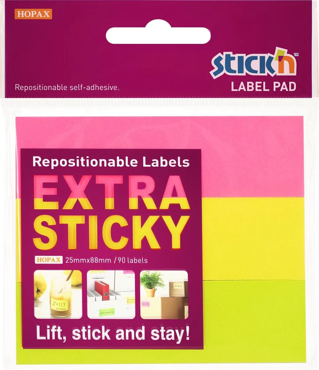 Label Etiket - 25x88mm - Extra Sticky - Neon Magenta - Geel - Groen - 3x30 - Sticky Notes van Stick'n in Gemengd – productfoto