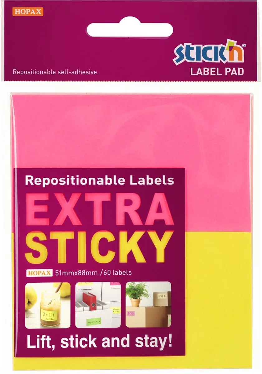 Label Etiket - 51x88mm - Extra Sticky - Neon Geel, Magenta - 2x30 Sticky Notes van Stick'n in Gemengd – productfoto
