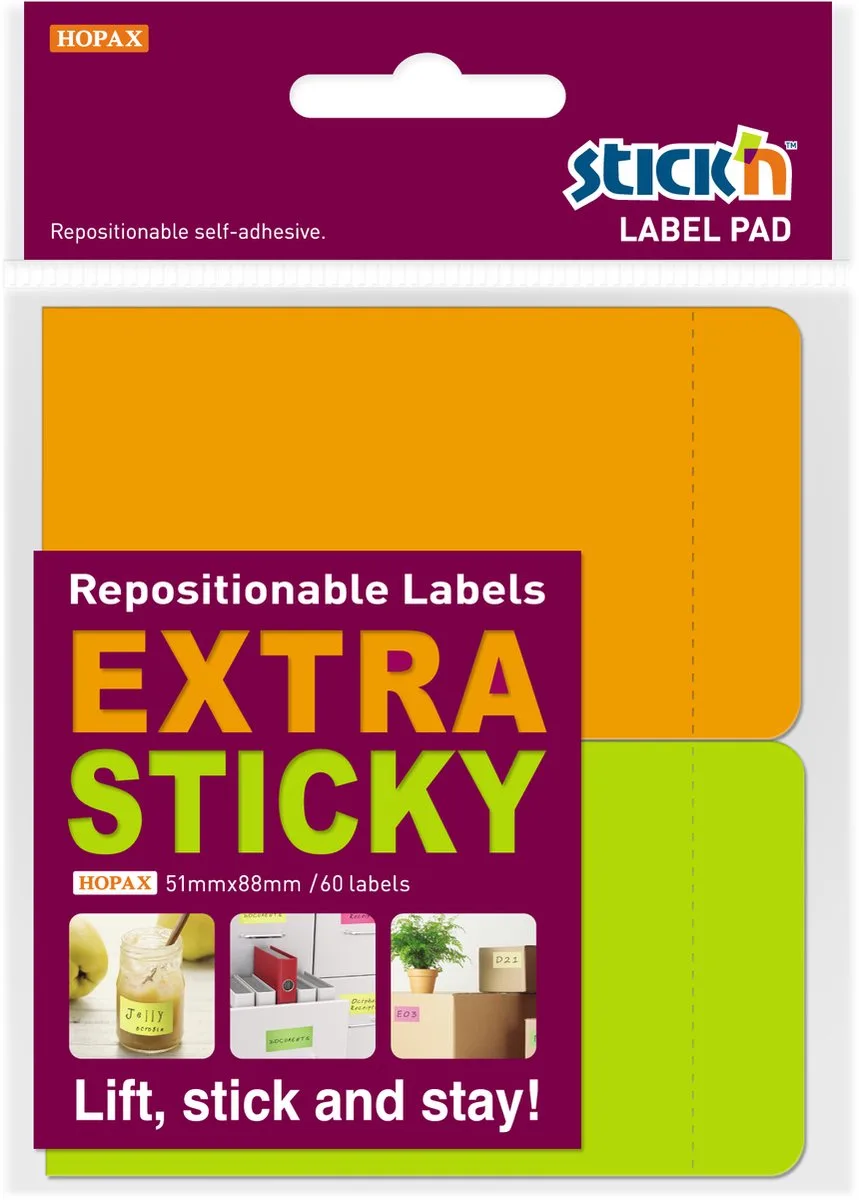 Label Etiket - 51x88mm - Extra Sticky - Neon Oranje - Neon Groen - 60 Sticky Notes van Stick'n in Oranje en Groen – productfoto