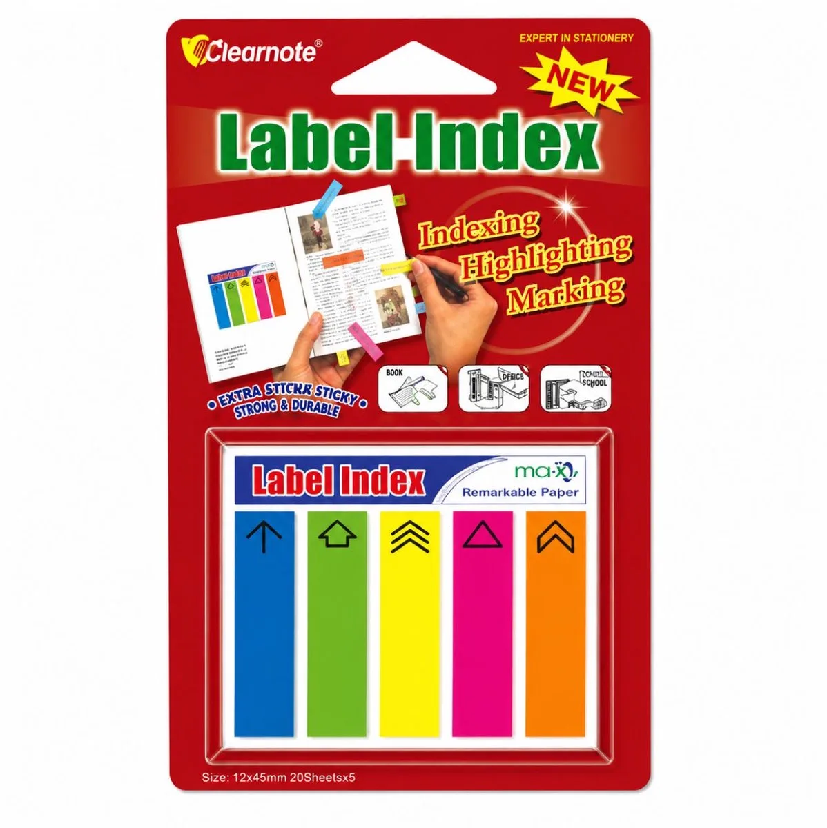 Label Index - 45x12mm, 5x tabs bedrukt met tekens, 3 vellen, 75 index tabs van Stick'n in Blauw 45x12 mm – productfoto