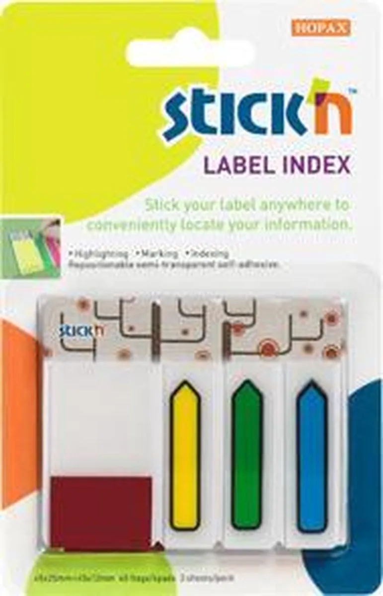 Label Index - pijl 45x12mm 3x, 45x25mm, 120 stuks index tabs van Stick'n in Wit bedrukt rood 45x25 mm – productfoto