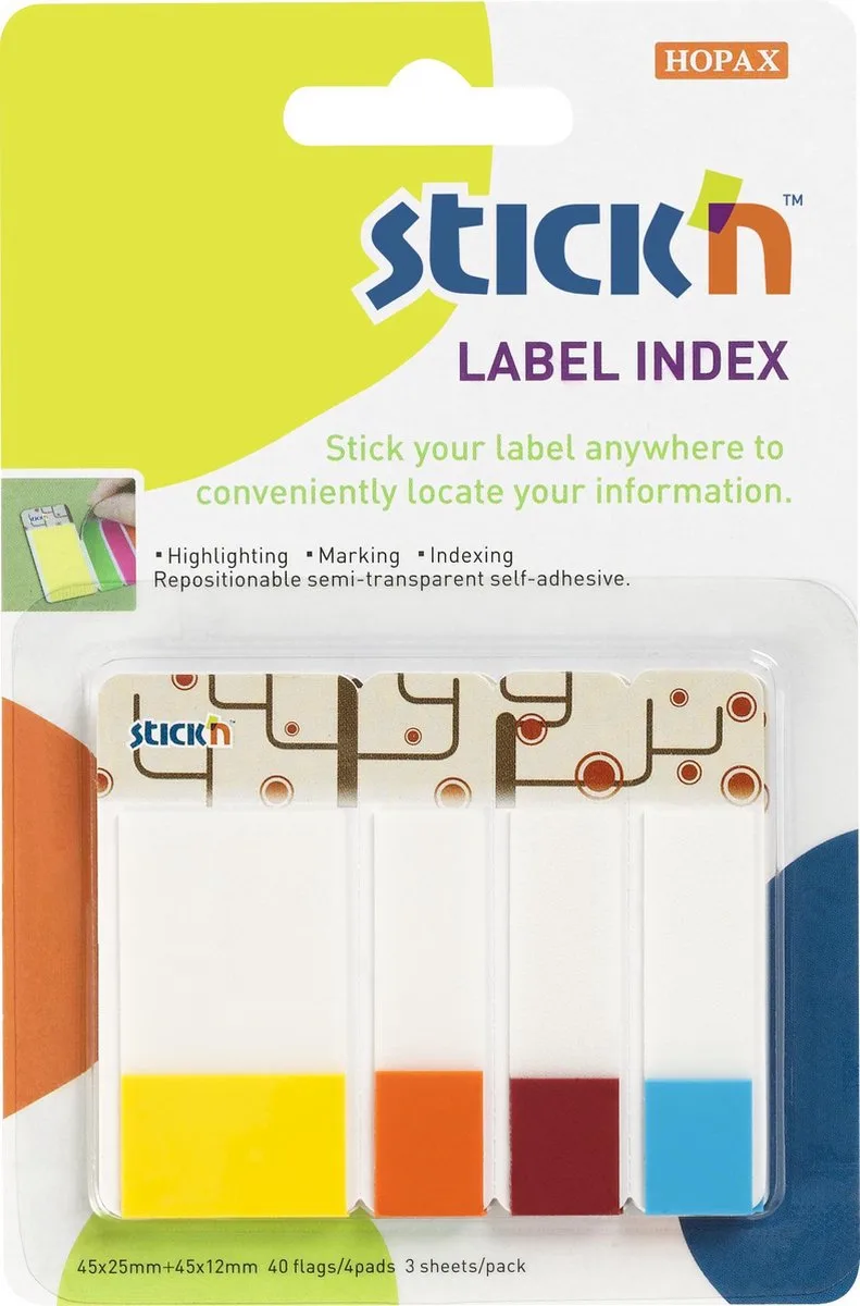 Label Index tabs - Transparante tabs - 120 sticky bladwijzers van Stick'n in Wit bedrukt geel 45x25 mm – productfoto