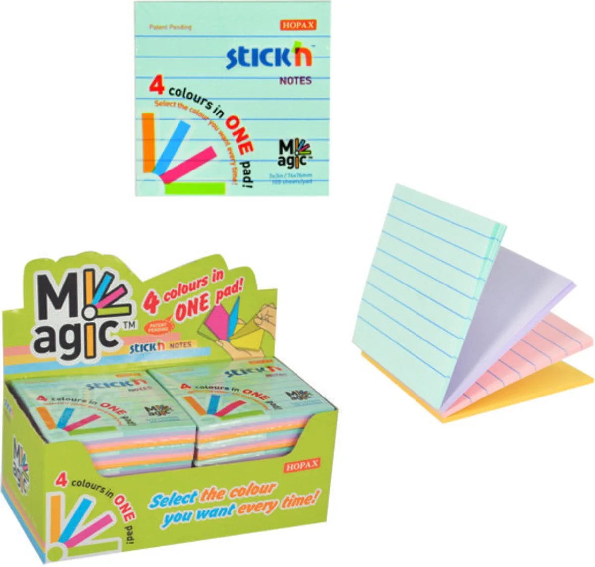 Magic Sticky Notes - 12 pack - 76x76mm - 4 Pastel Kleuren - 1200 memoblaadjes van Stick'n in Pastel blauw gelijnd – productfoto