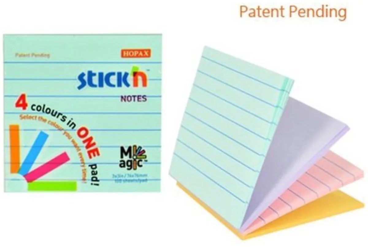 Magic Sticky Notes - 76 x 76 mm - 4 Pastel Kleuren - 100 memoblaadjes van Stick'n in Pastel blauw gelijnd – productfoto