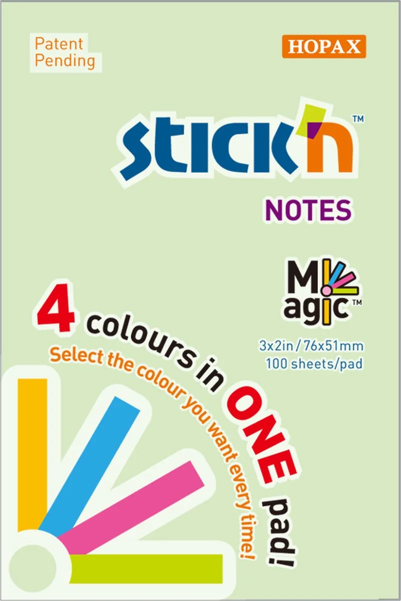 Magic Sticky Notes - 76x51mm - 4 Pastel Kleuren - 100 Memoblaadjes by Stick'n in Pastel groen – product photo