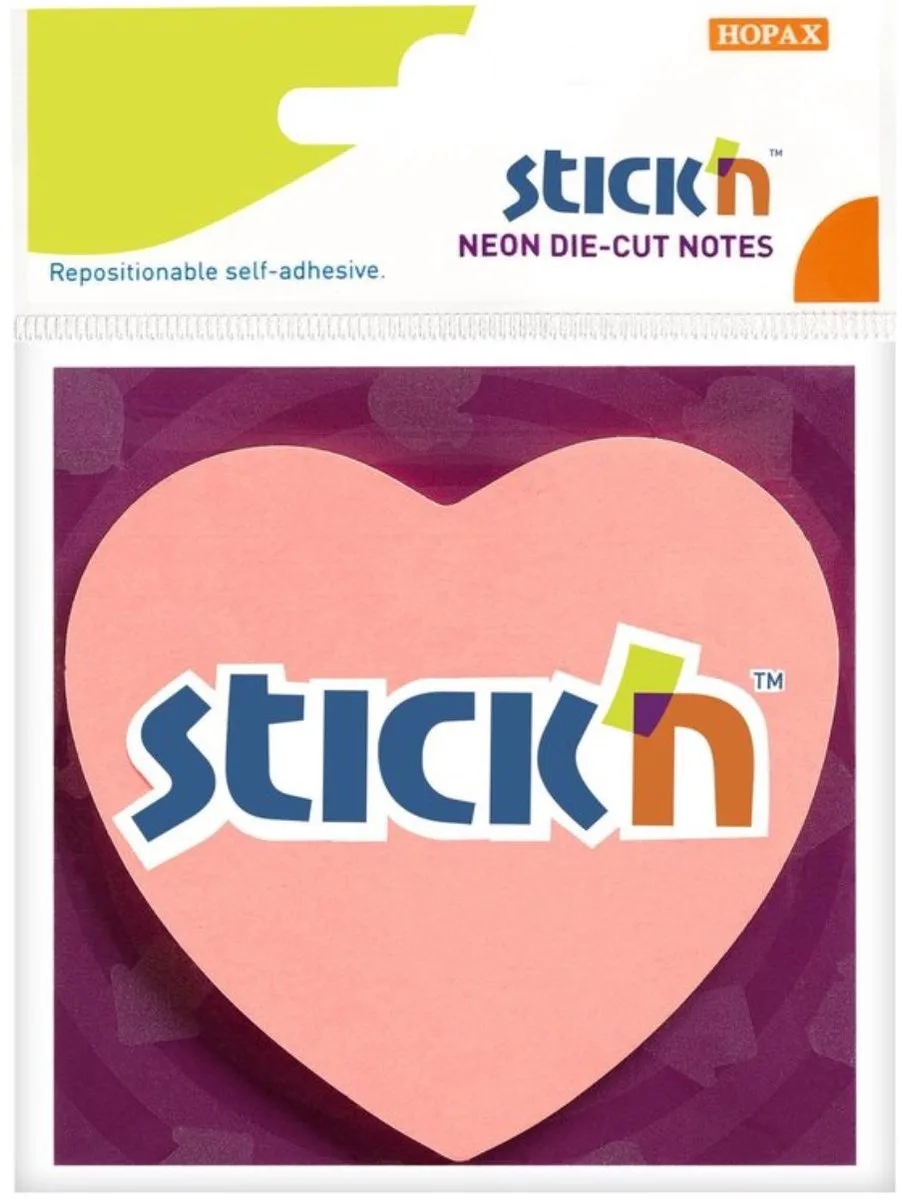 Memoblok - 70x70mm - Hartvormig - 50 Memoblaadjes - Neon Roze - Sticky Notes van Stick'n in Roze hart – productfoto