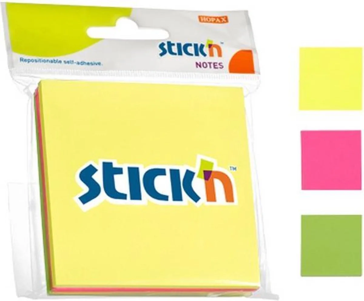 Memoblok Blister 76x76mm - 3x Geel Magenta Groen - 50 Memoblaadjes van Stick'n in Neon – productfoto