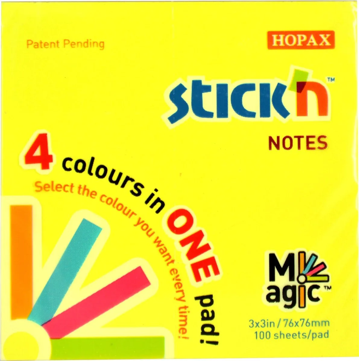 Memoblok Magic Stick'n - 76x76mm - 4 Kleuren - Neon Geel/Blauw/Roze/Groen - 100 Memoblaadjes von Stick'n in Neon geel – Produktfoto