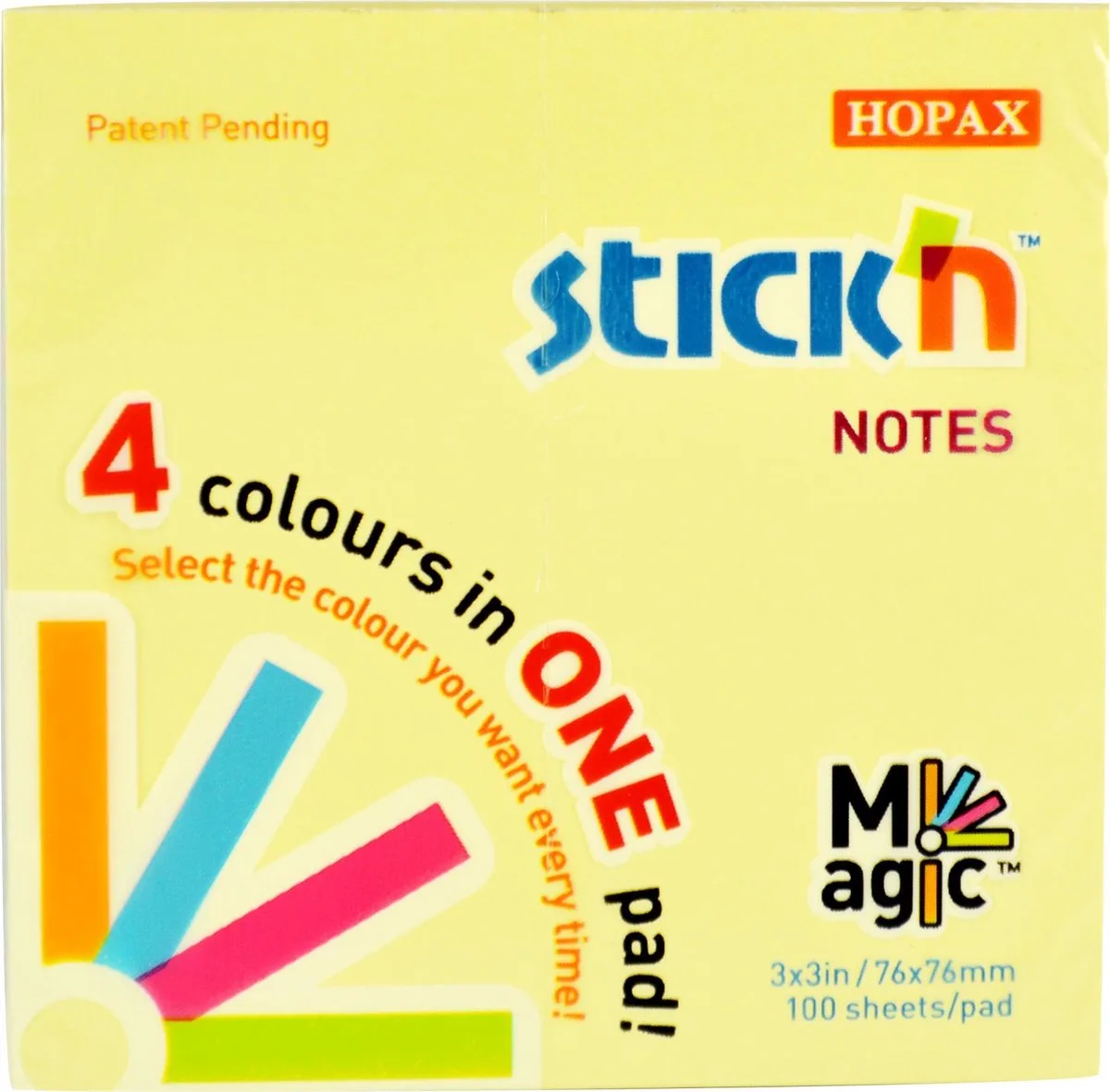 Memoblok Magic Sticky Note - 76x76mm - 4x Pastel Kleuren - 100 Vel van Stick'n in Pastel geel – productfoto