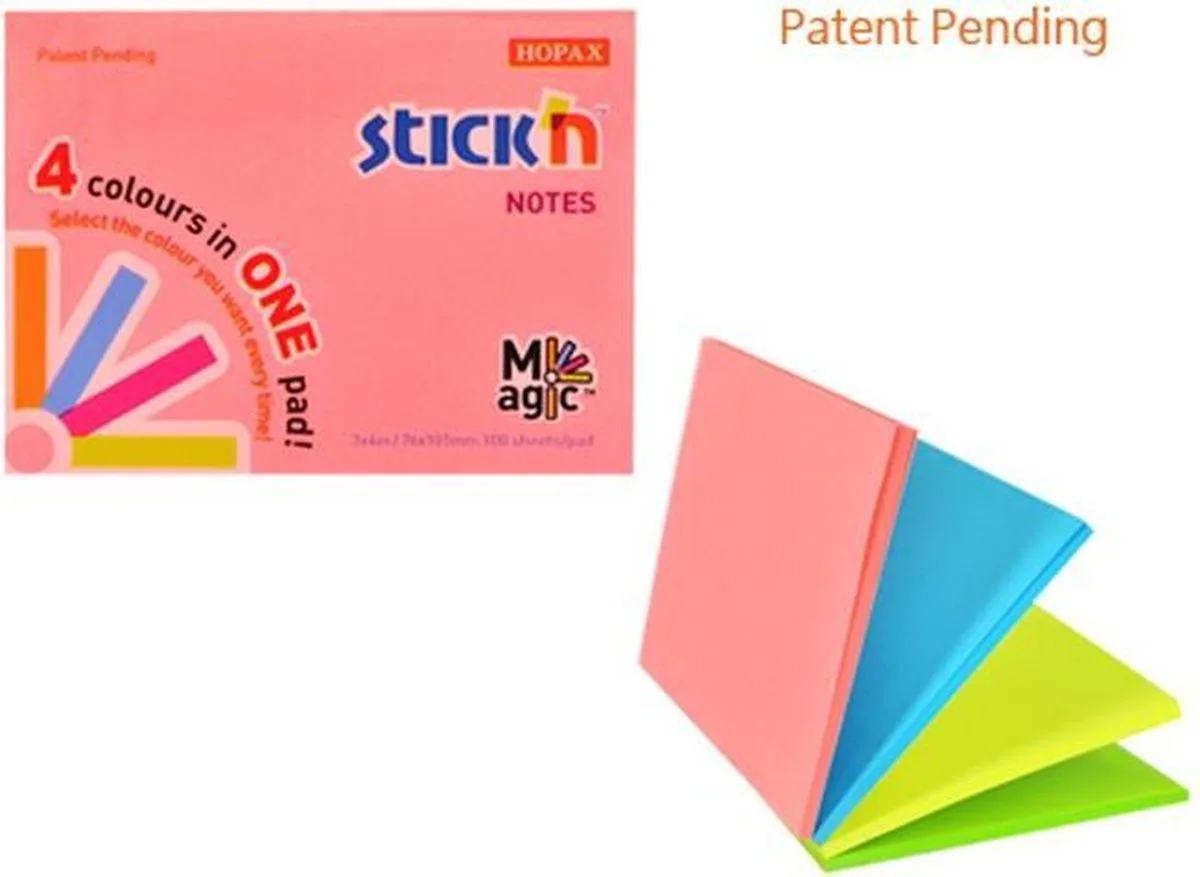 Memoblok Magic - Sticky Notes - 76x101mm - 4 Verschillende Neon Kleuren - 100 Memoblaadjes by Stick'n in Neon roze – product photo