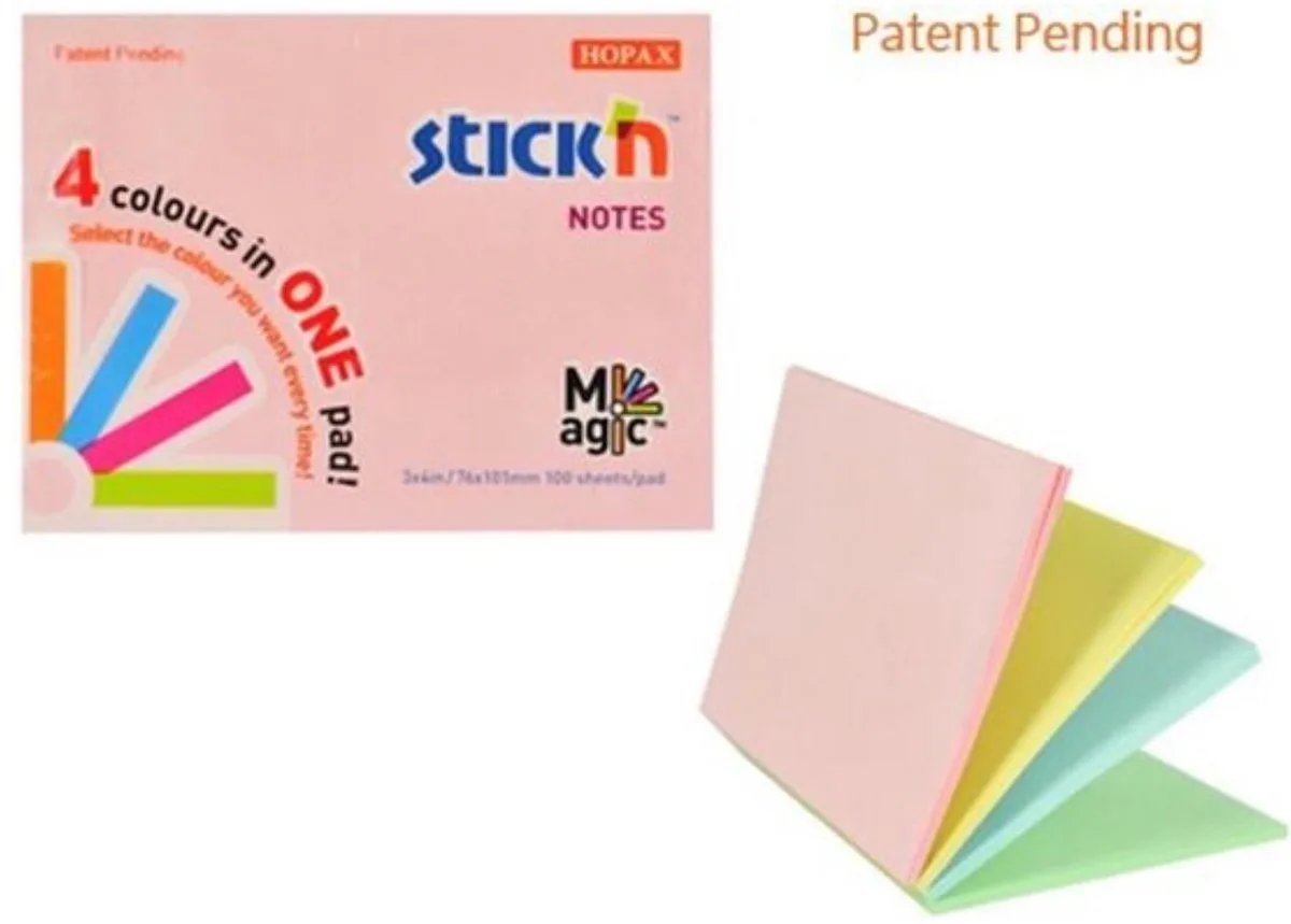 Memoblok - Magic Sticky Notes - 76x101mm - 4x Verschillende Kleuren - 100 Memoblaadjes von Stick'n in Pastel roze – Produktfoto