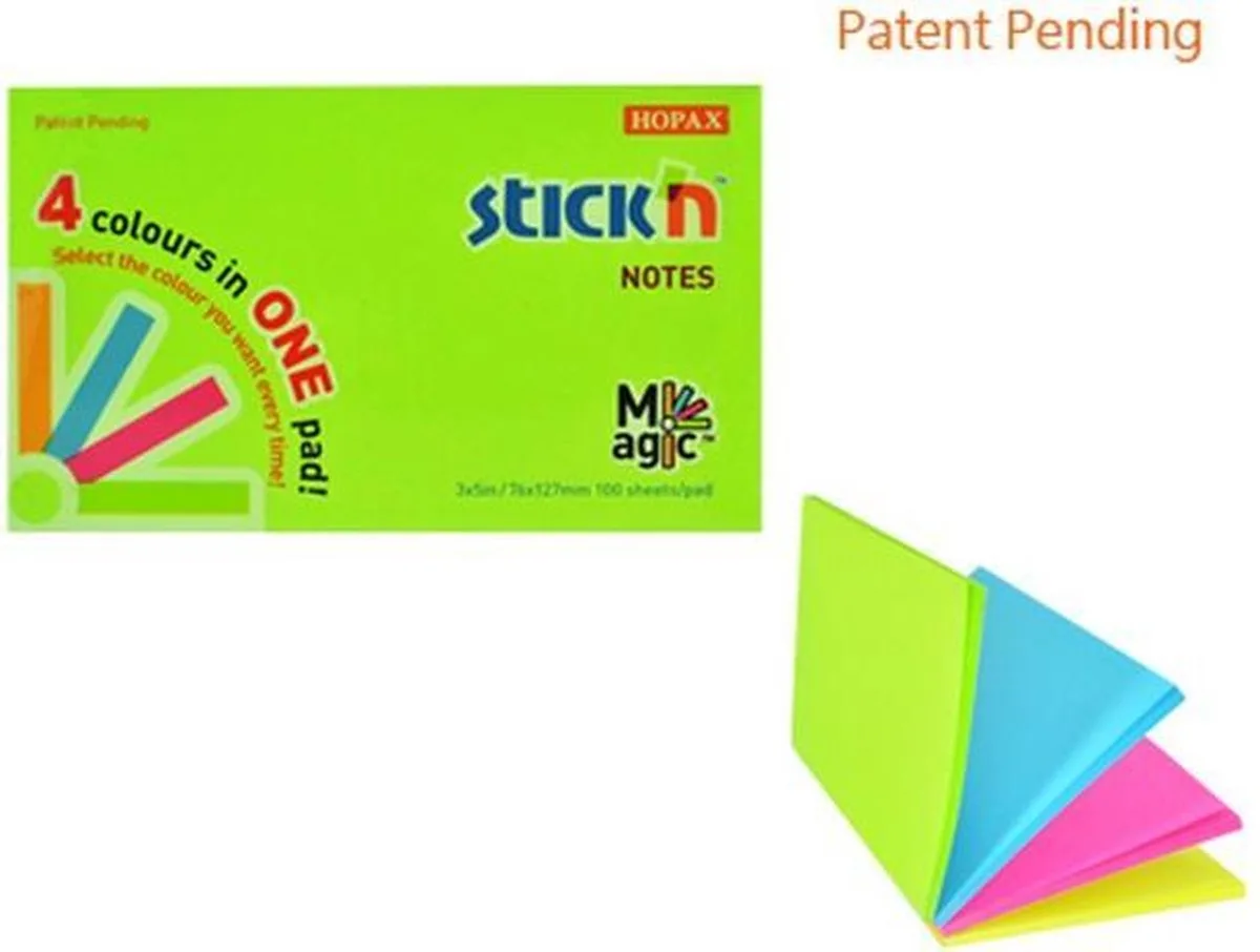 Memoblok Magic Sticky Notes - 76x127mm - 4 Verschillende Neon Kleuren, 100 Memoblaadjes van Stick'n in Neon groen – productfoto