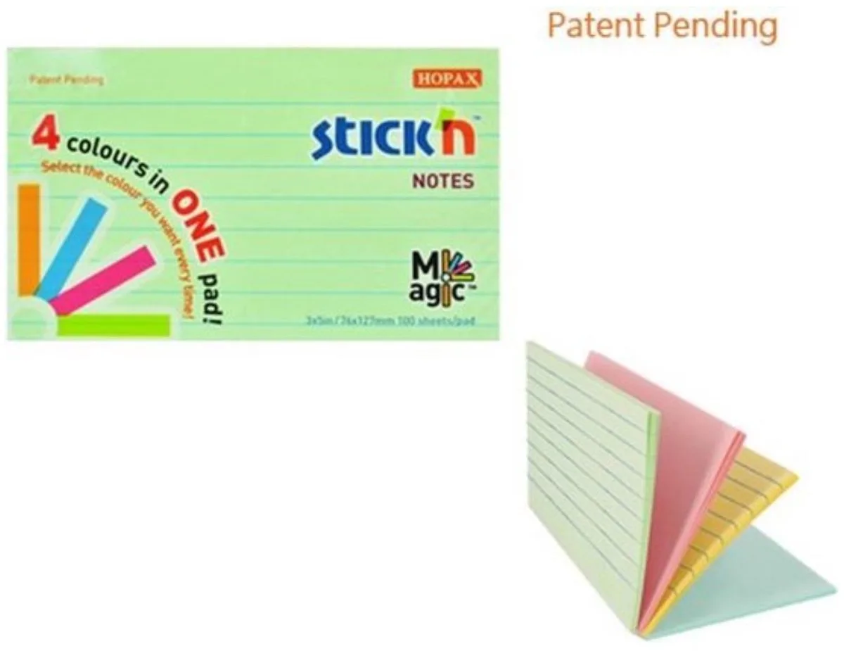 Memoblok Magic Sticky Notes - 76x127mm - 4x Pastel Kleuren 100 Memoblaadjes van Stick'n in Pastel groen gelijnd – productfoto