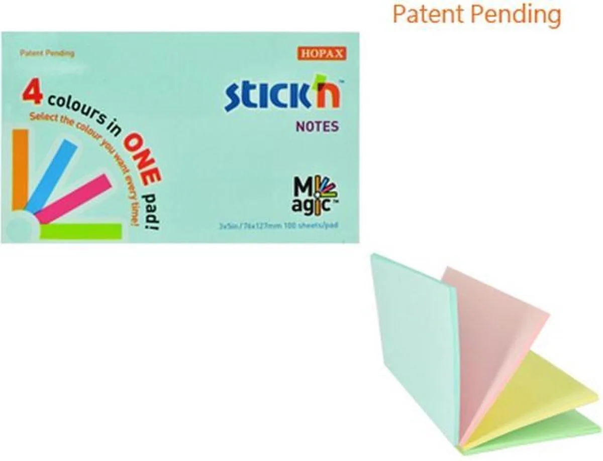 Memoblok Magic Sticky Notes - 76x127mm - 4x Pastel Verschillende Kleuren - 100 Memoblaadjes van Stick'n in Pastel blauw – productfoto