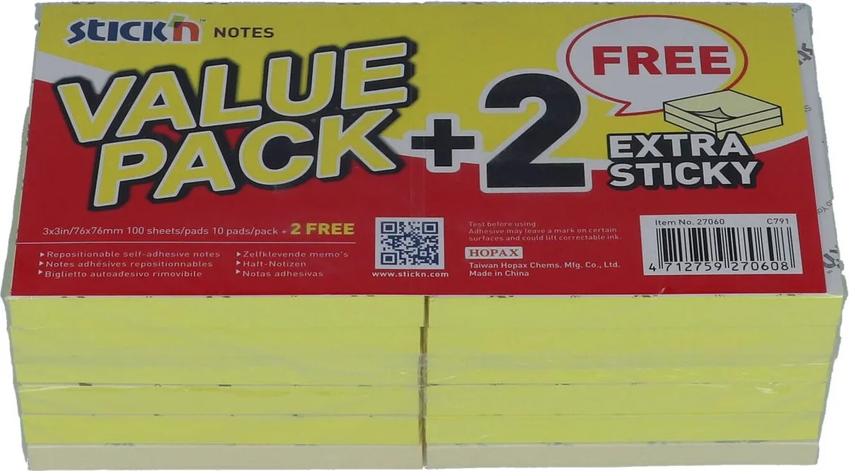 Memoblok Stick'n - 76x76mm - Neon - 10x100 Memoblaadjes - 2x90 Bonus - Pastel - Extra Sticky van Stick'n in Geel – productfoto