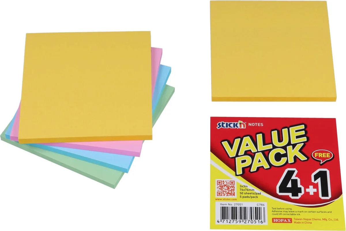 Memoblok Stick'n 76x76mm - Pastel Oranje/Roze/Blauw/Groen - 5x50 - 250 Memoblaadjes van Stick'n in Gemengd – productfoto