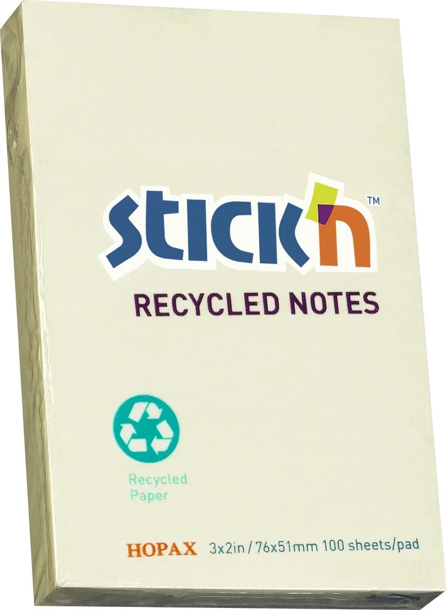 Memoblok Stick'n Recycled - 76x51mm - Pastel - 100 Memoblaadjes von Stick'n in Gelb – Produktfoto