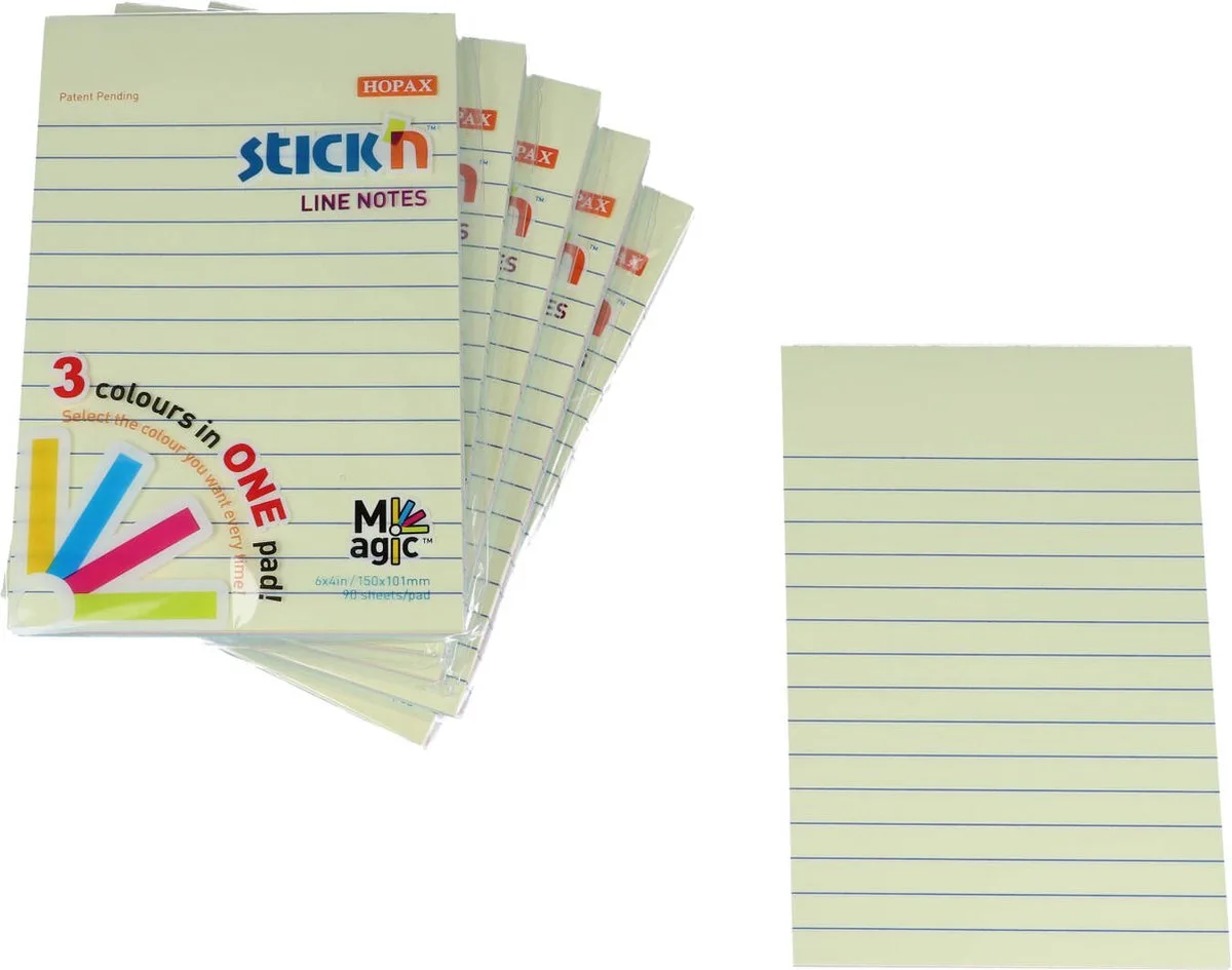 Memoblok - Sticky notes - 152 x 101 mm - 3x pastel gelijnd - Assorti kleuren - 90 memoblaadjes - 6 stuks van Stick'n in Pastel geel gelijnd – productfoto