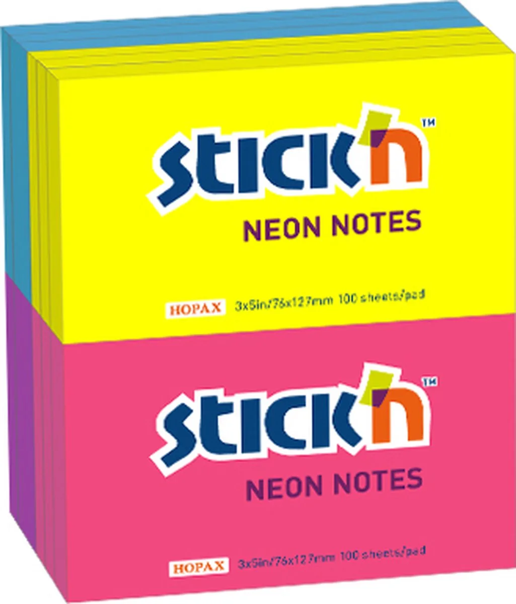 Memoblok - Sticky Notes - 76x127mm - Geel/Magenta/Groen/Blauw - 4x3=12 blokken - 1200 Memoblaadjes von Stick'n in Neon – Produktfoto