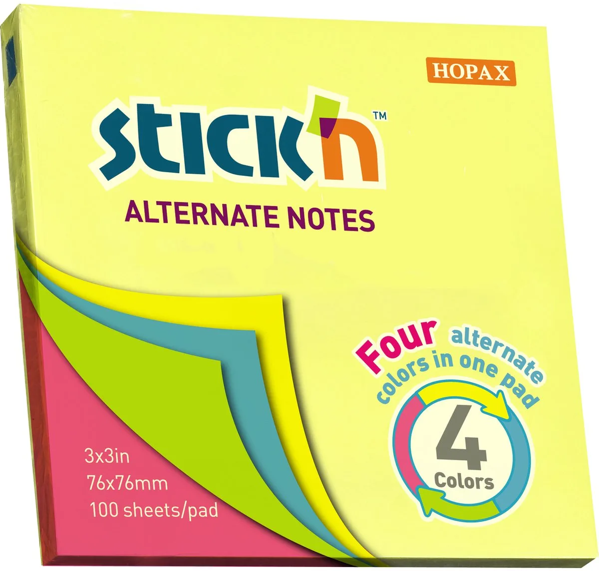 Multicolor Sticky Notes - Neon, 76x76mm, 100 memoblaadjes de Stick'n en Neon Groen – photo produit