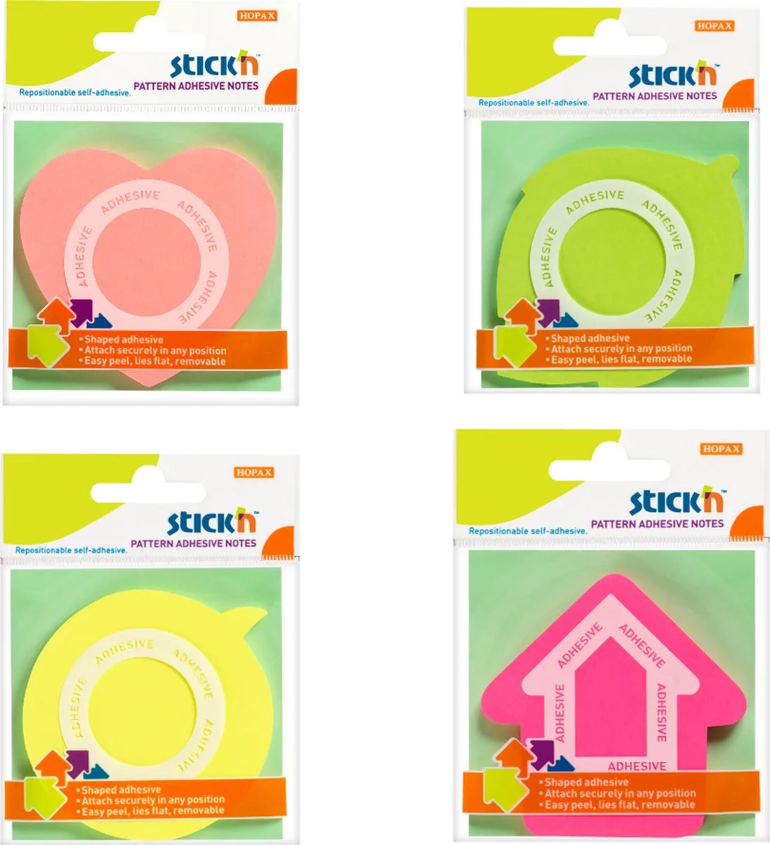 Notes - Bundel - 200 Sticky Notes- 4 x 50 Memoblaadjes - Roze - Groen - Licht roze van Stick'n in Geel – productfoto