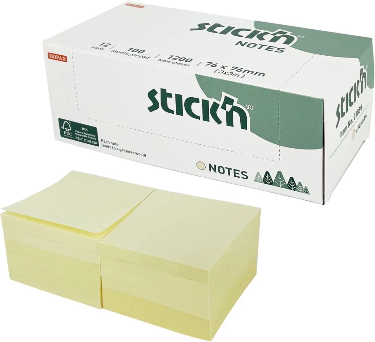 Notes - FSC - pastel geel - 76mm x 76mm - 12 memoblokken - 1200 sticky notes van Stick'n in Patel geel – productfoto