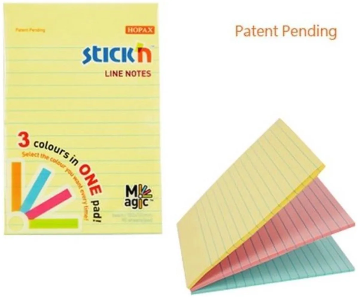 Notitieblok - Sticky Notes - 152x101mm - 3 Pastel Kleuren - Gelijnd - 90 Memoblaadjes fra Stick'n i Pastel geel gelijnd – produktbillede