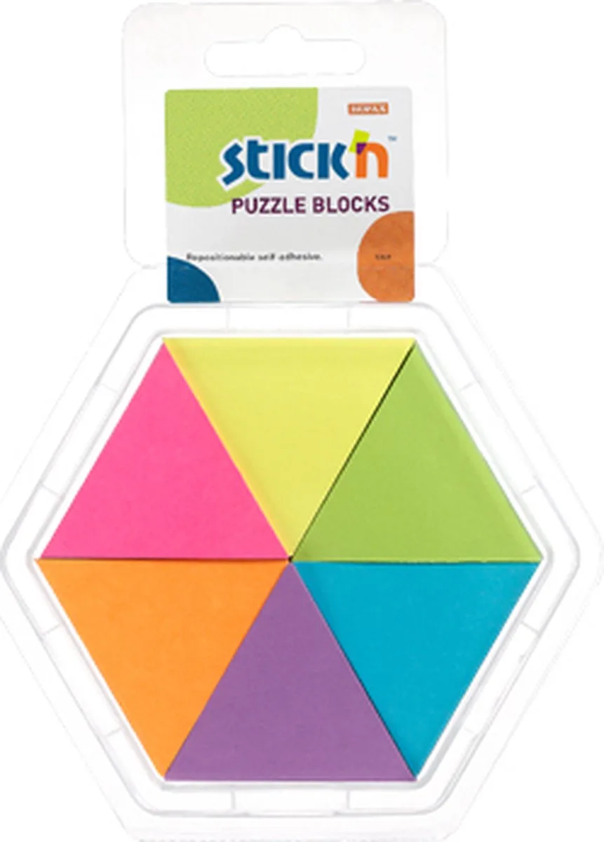 Puzzel memoblok - 43x50mm, neon assorti 6 kleuren, 6x150 vel van Stick'n in Gemengd – productfoto