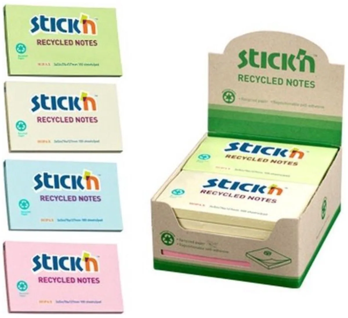 recycled memoblokken - 76x127mm - 4 kleuren pastel - 1200 sticky notes van Stick'n in Gemengd – productfoto
