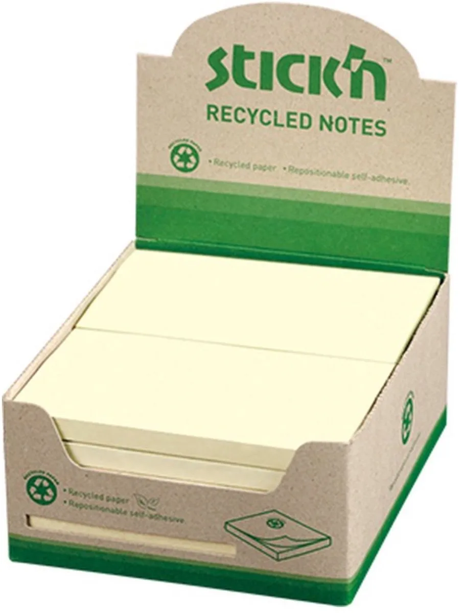 recycled sticky notes - 76x127mm, 100 sheets 1 note - doos 12 stuks. von Stick'n in Pastel geel – Produktfoto