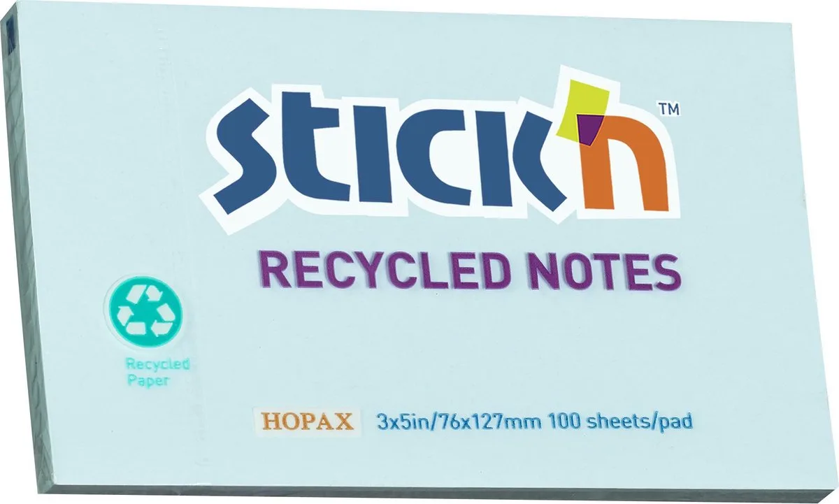 recycled sticky notes - 76x127mm, pastel 100 memoblaadjes van Stick'n in Blauw – productfoto