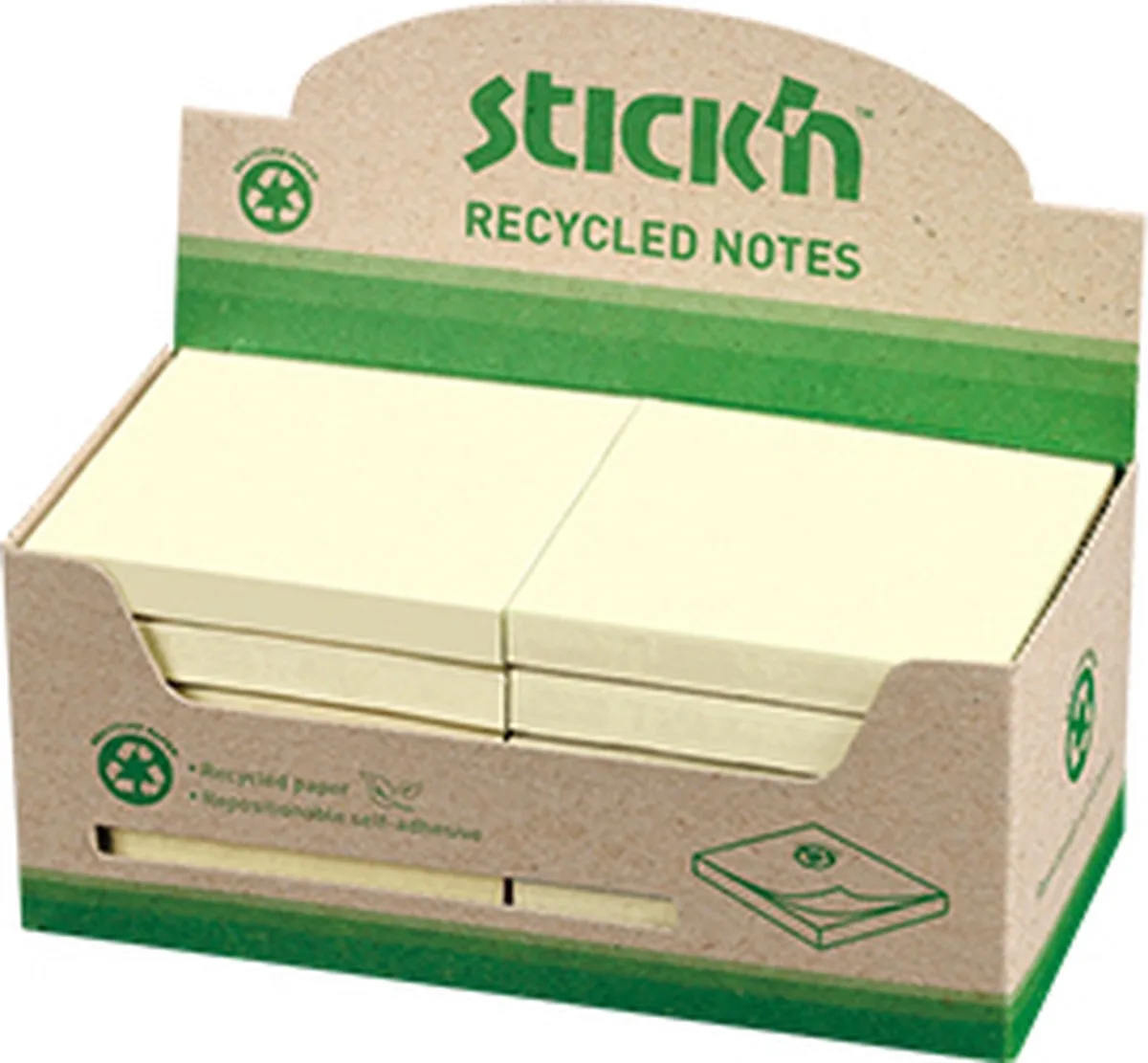 Recycled sticky notes - 76x76mm, 12 memoblokken von Stick'n in Pastel geel – Produktfoto