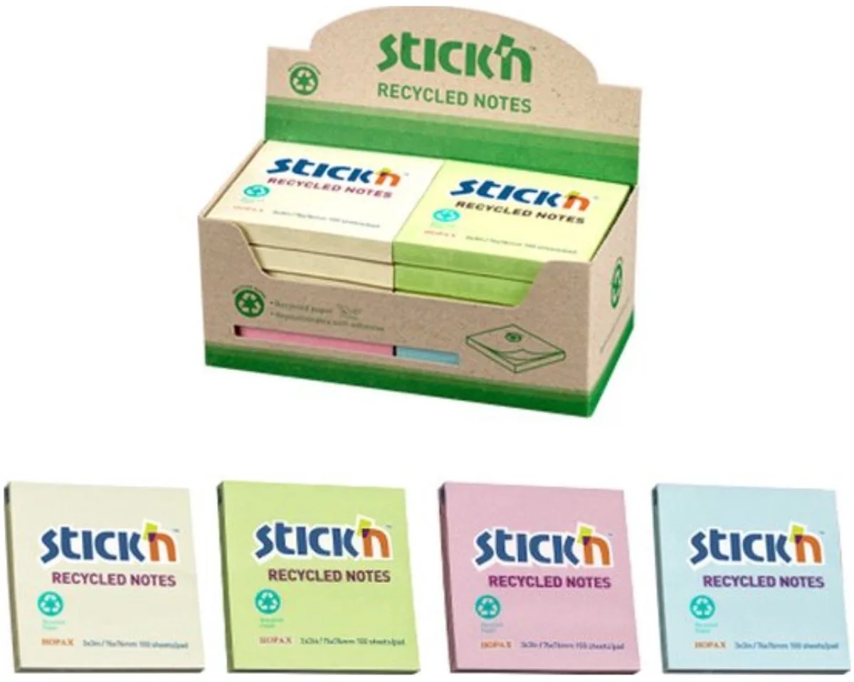 Recycled sticky notes - 76x76mm - 4 Pastel kleuren - doos 12 stuks van Stick'n in Pastel geel – productfoto