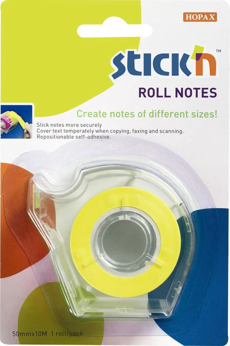 Roll note - 50mm x 10meter in dispenser, neon geel sticky notes van Stick'n in Neon geel + dispenser – productfoto