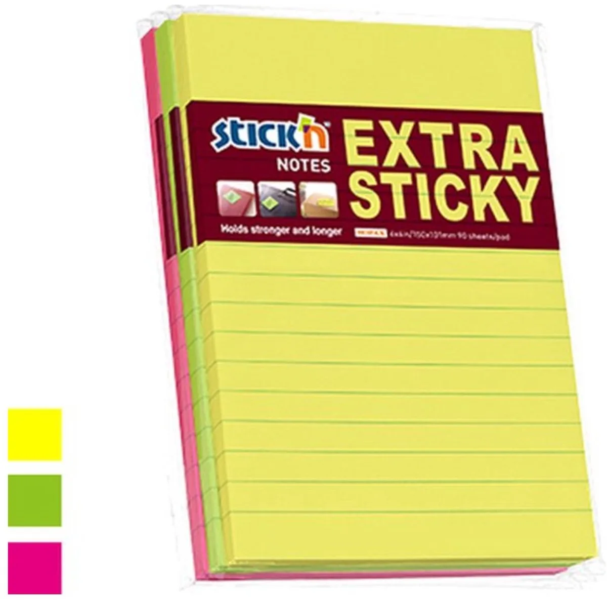 Schrijfblokken - 152x101mm - Gelinieerd - Extra Sticky - Neon Kleuren - 3x90 Sticky Notes de Stick'n en Jaune – photo produit