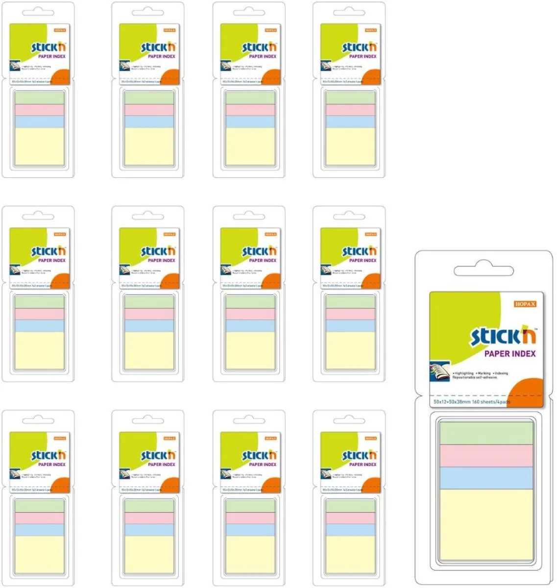 Stick'n 12 pack - Index Notes papier 50x12mm + 50x38mm, assorti, 3x40 index/pad + 40 blaadjes memoblok van Stick'n in Pastel – productfoto