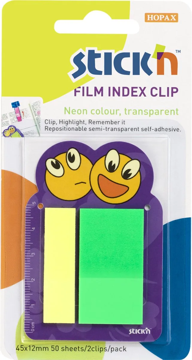 Stick'n 12 Pack - Sticky Notes - Film Index Tabs - 45x12mm - Neon - 45x25mm - 2x25 Bladwijzers van Stick'n in Geel, Groen – productfoto