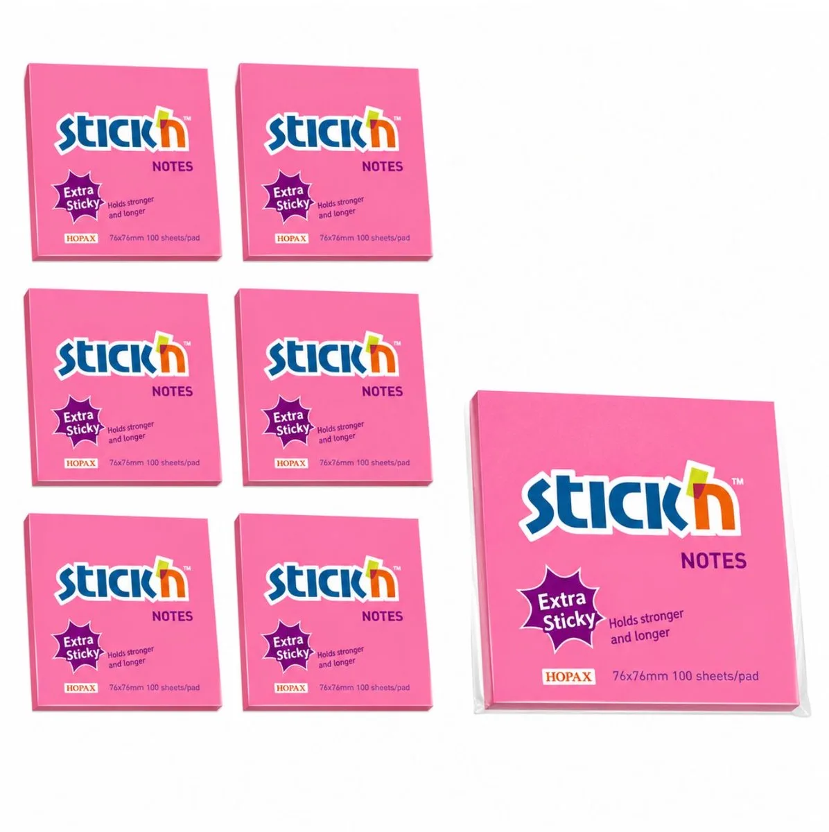 Stick'n 6 grote memoblokken - 101x101mm - extra sticky notes, gelinieerd, 6x 90 memoblaadjes van Stick'n in Magenta – productfoto