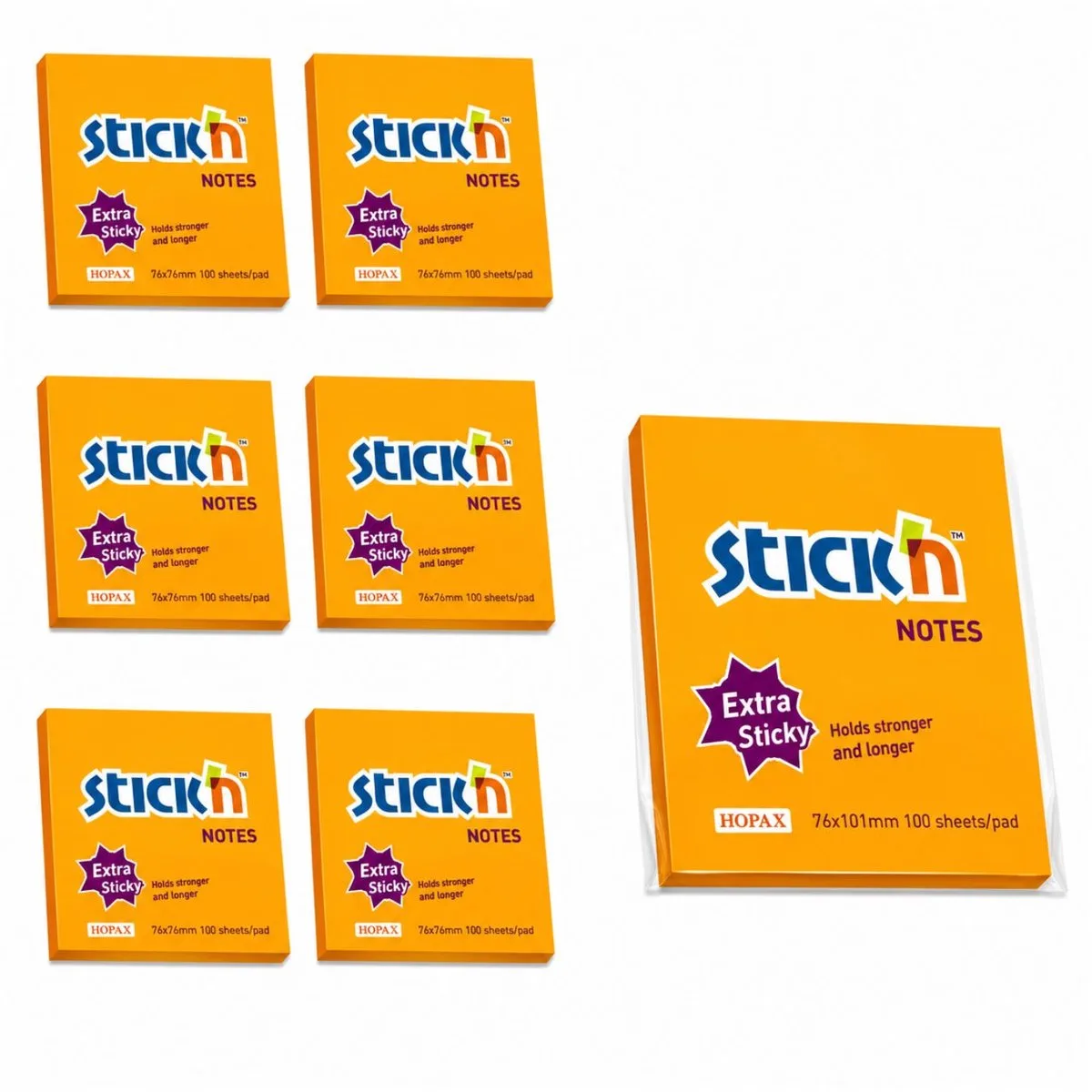 Stick'n 6 grote memoblokken - 101x101mm - extra sticky notes - gelinieerd, - 6 x 90 memoblaadjes van Stick'n in Oranje – productfoto