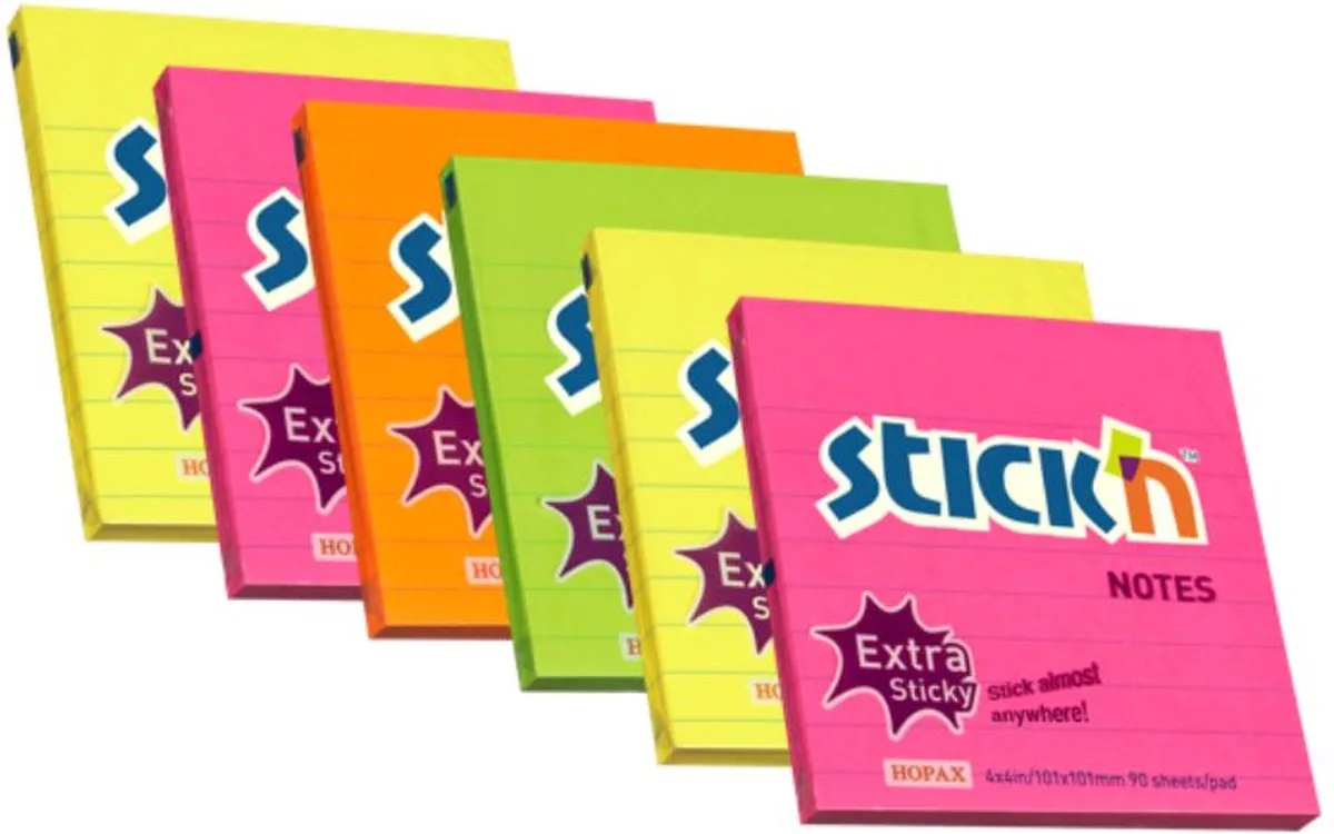 Stick'n 6 grote memoblokken - 101x101mm - extra sticky notes, gelinieerd, 6x 90 memoblaadjes de Stick'n en Gemengd – photo produit