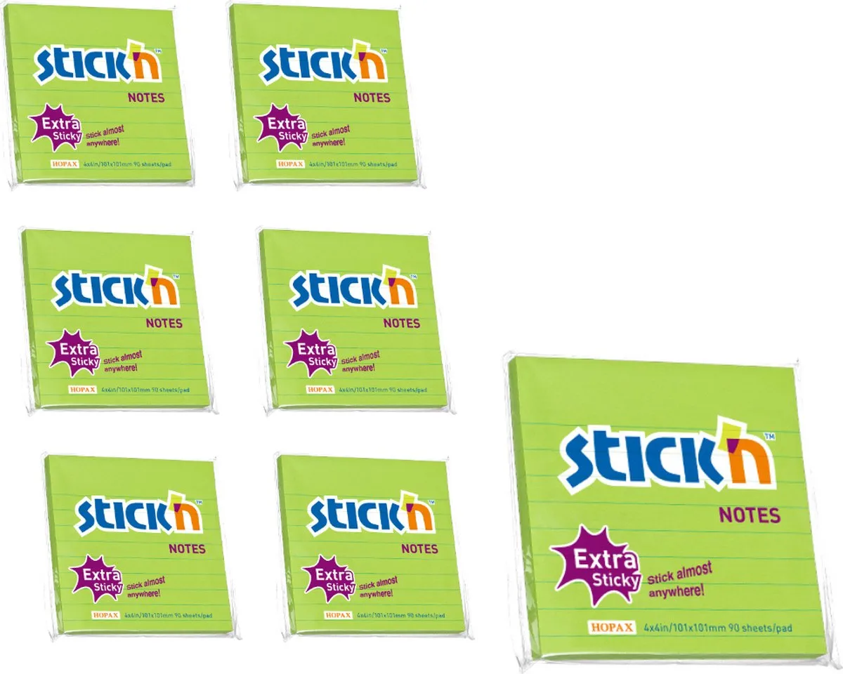 Stick'n 6 grote memoblokken - 101x101mm - extra sticky notes, gelinieerd, 6x 90 memoblaadjes van Stick'n in Groen – productfoto