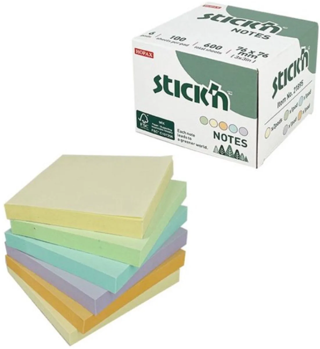 Stick'n 6 memoblokken - FSC - 76x76mm - mix pastel kleuren - 6x 100 memoblaadjes van Stick'n in Pastel groen – productfoto