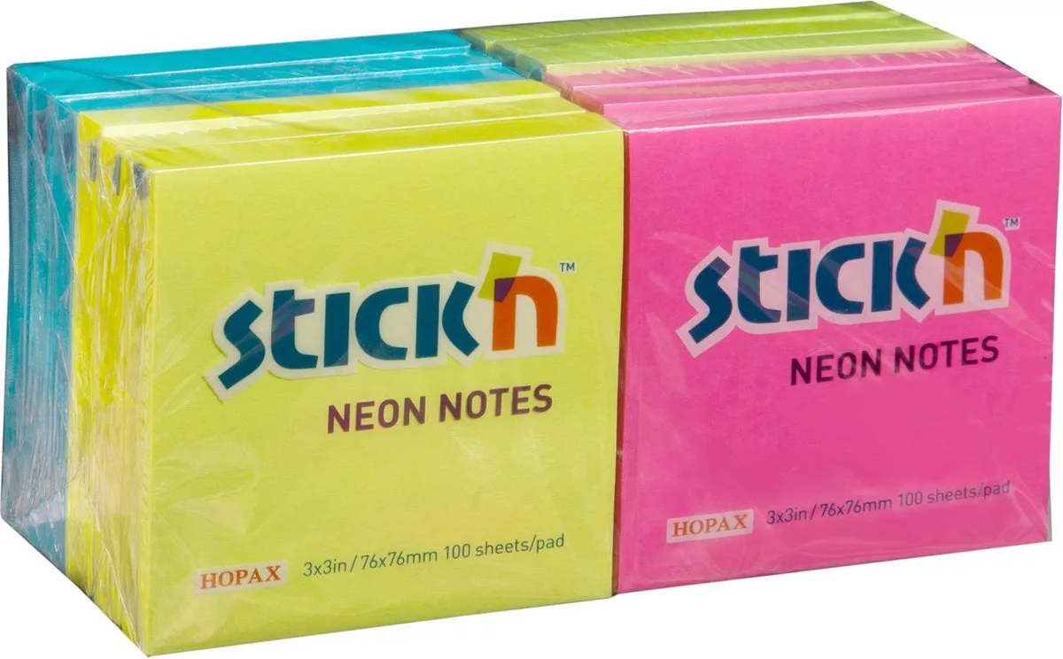 sticky notes - 12-Pack - 76x76mm - verschillende kleuren - 1200 memoblaadjes by Stick'n in Neon – product photo