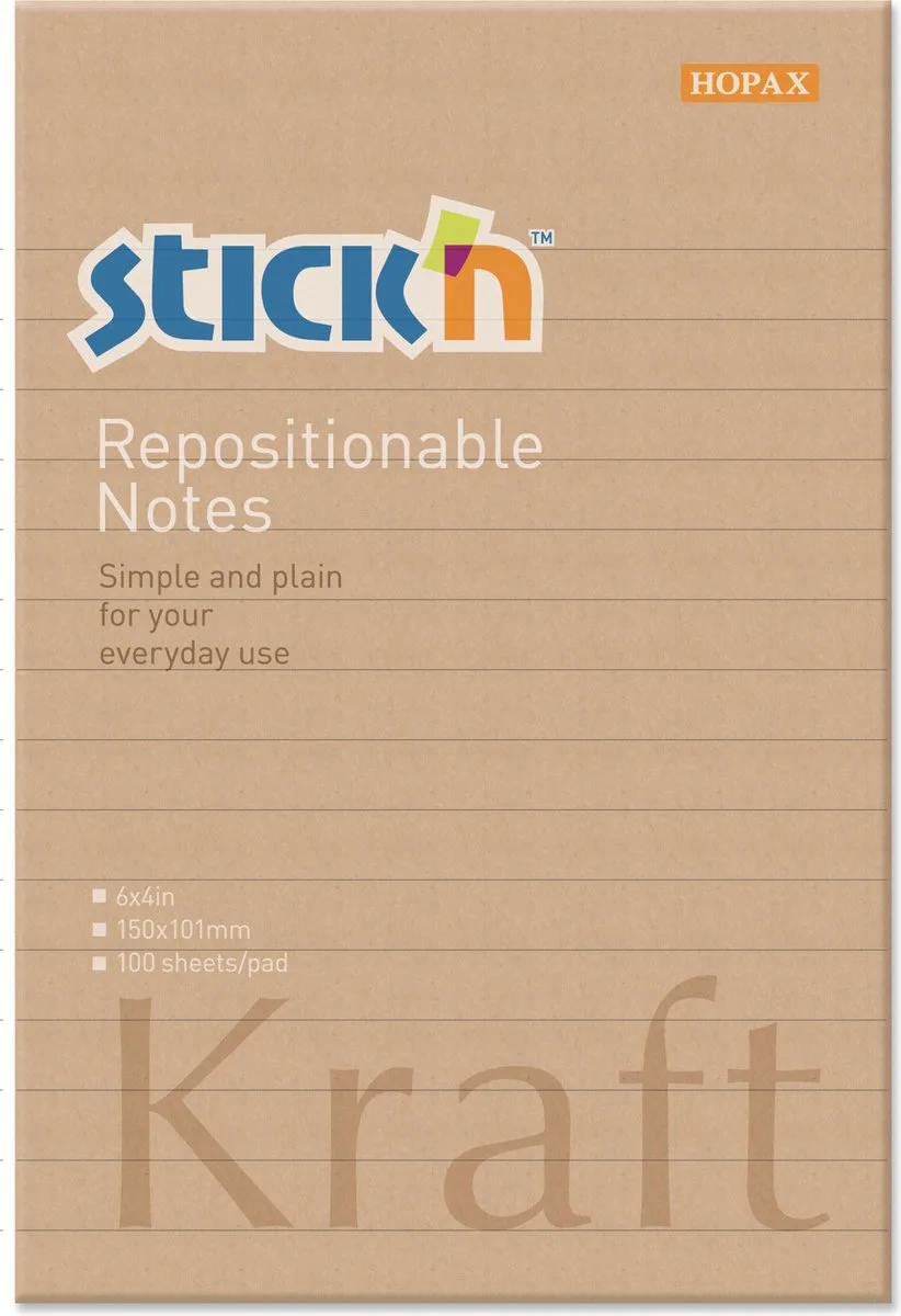 Sticky Notes - 152x101mm - Gelinieerd - Kraft Papier - 100 Memoblaadjes van Stick'n in Bruin – productfoto